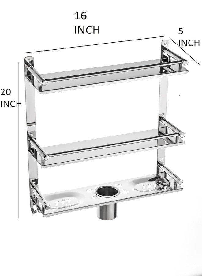 BSP 5-in-1 Heavy-Duty 3-Layer Stainless Steel Bathroom Shelf Rack with Dual Soap Holder, Toothbrush Holder & Tumbler | Rust-Proof Bathroom Accessories Organizer - Image 2